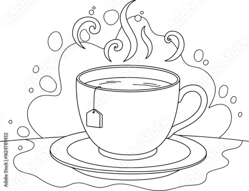 Elegant line art illustration of a teacup with steam and decorat