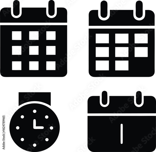Black vector icons of calendars and a clock for time management and event scheduling concepts.