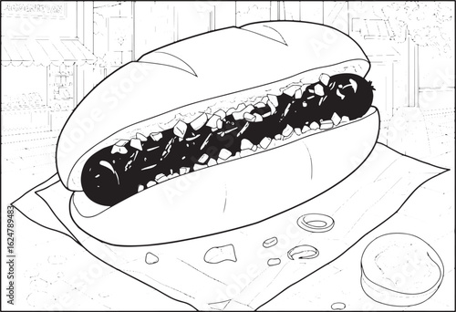 Detailed Choripan Illustration on Urban Backdrop for Culinary Ar