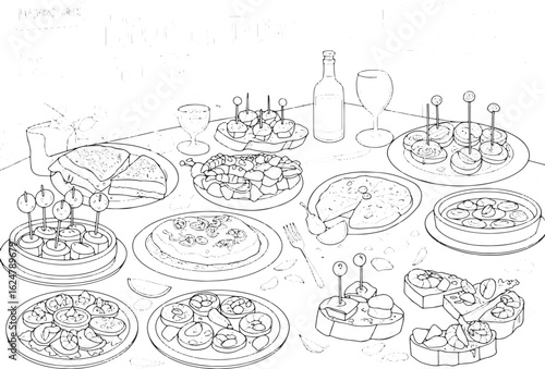 Whimsical tapas coloring page showcasing delightful spanish cuis