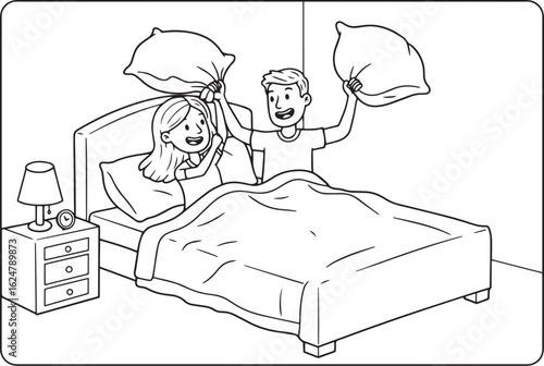 Line art illustration of a couple enjoying a playful pillow figh