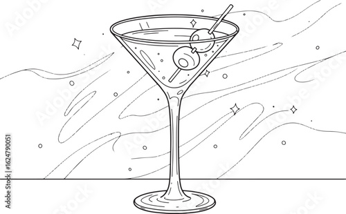 Elegant martini glass illustration with olives on a skewer outli