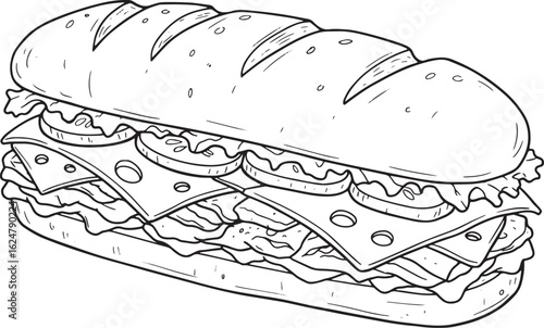 Detailed line art illustration of a generously filled sandwich,