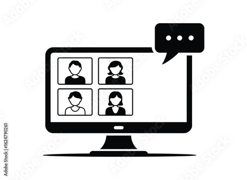Minimalist Black and White Icon Illustration of a Video Conference Call on a Monitor

