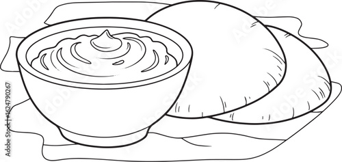 Minimalistic hummus with pita bread illustration on white backgr