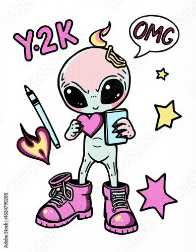 Illustration of a y2k alien holding a heart and phone with stars and omg speech bubble around it