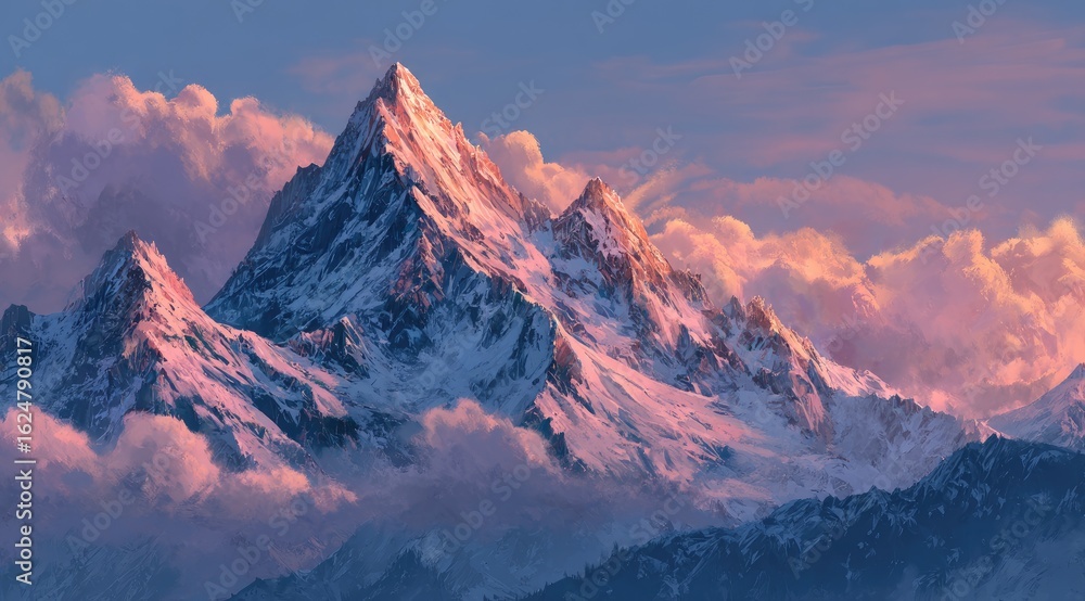 Obraz premium Snowy mountain peak, dawn/dusk light, clouds