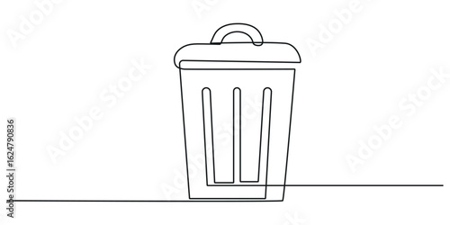 Waste container in one continuous line art drawing style. Arrow is pointing garbage can to remind people to dispose of trash in a bin. Vector illustration.	