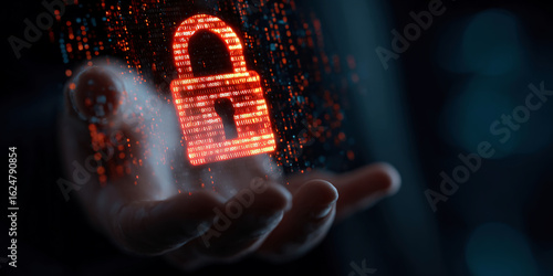 Cybersecurity breach concept with a hand holding an unlocked padlock symbol, surrounded by binary code, representing data leakage, system vulnerability, and digital access threats.