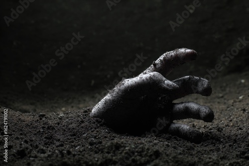 A hand emerging from dark soil (1)