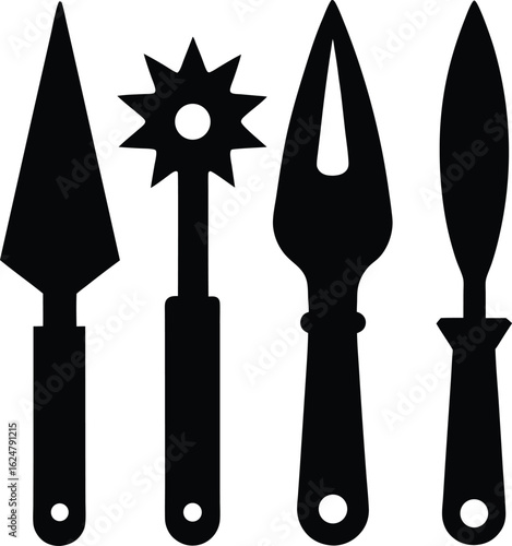 Four black silhouette modeling and sculpting tools isolated on a white background. Vector set.