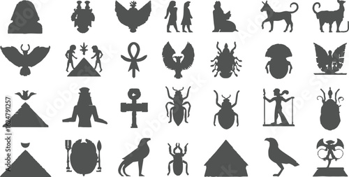 Ancient Egyptian silhouette elements feature kings, pyramids, majestic statues, and Middle Eastern symbols, creating a classic feel suitable for wallpapers, social media, print designs, 