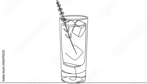 Minimalist illustration of cocktail glass with ice and lavender