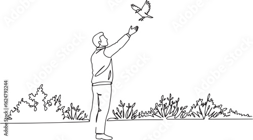 Single line drawing illustration: Man releasing bird representin