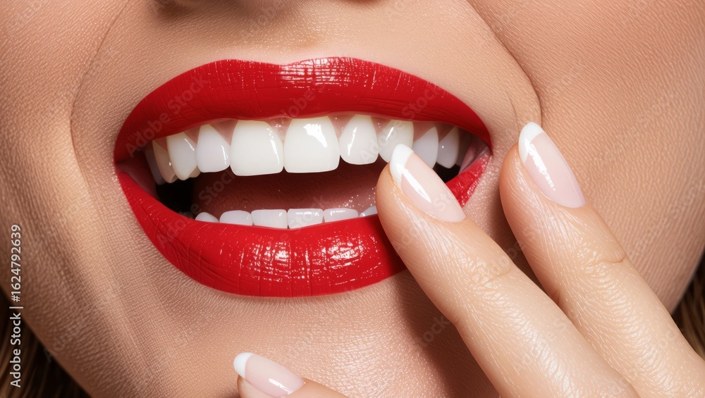 Naklejka premium Stunning woman with vibrant red lips and perfect white teeth smiles sensually, touching her face with manicured fingers