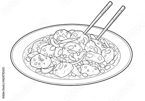 Detailed line art depiction of kung pao chicken with chopsticks