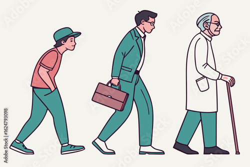 Three male characters showing youth, adulthood, and old age life stages