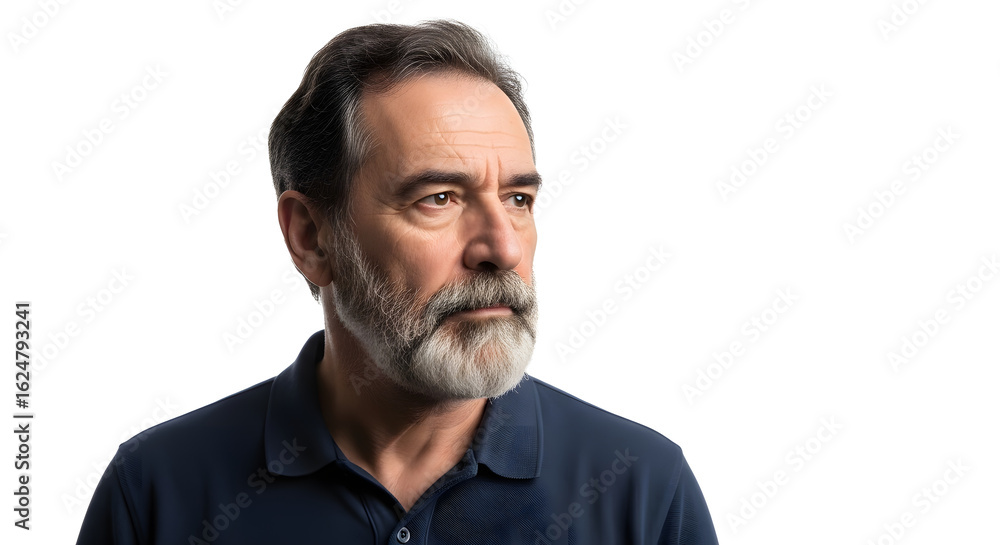 Fototapeta premium Portrait of a pensive senior man with a gray beard looking away. Mature caucasian male in deep thought, isolated on a white background.
