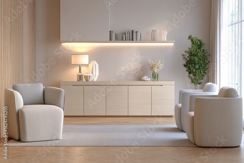 Beige-toned modern living room, featuring light wooden furniture, soft seating, and natural light