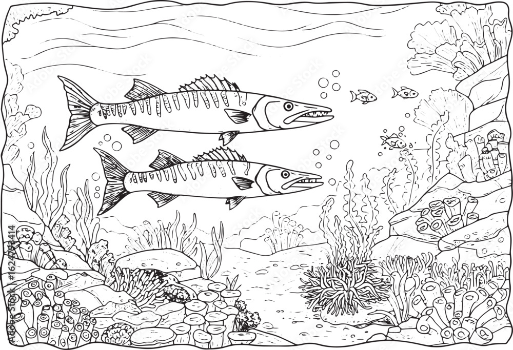 Fototapeta premium Detailed Barracuda Outlines Swimming in a Vibrant Underwater Cor