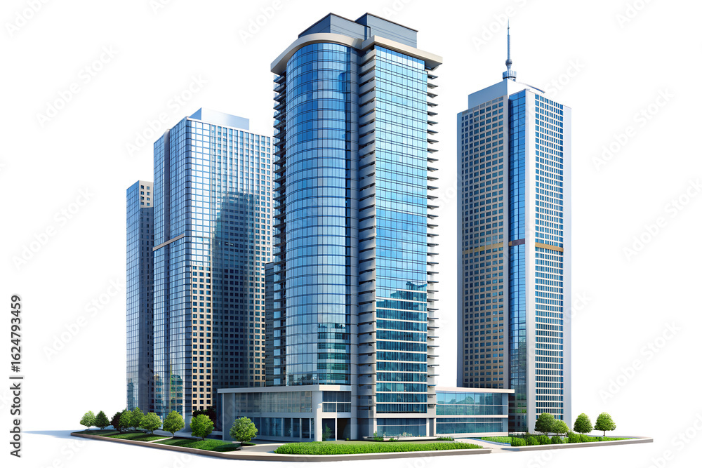 © SUHEL AHMED - Modern skyscrapers isolated on transparent background, showcasing urban architecture and real estate investment opportunities in a thriving city