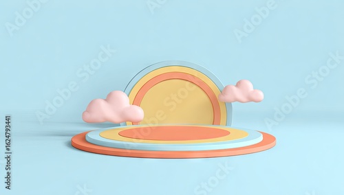 Pastel colored podium with cloud and rainbow design.