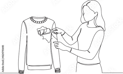 Continuous line drawing of woman cleaning sweater with lint roll