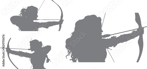 Minimalist style silhouette archer vector, drawing a bow with proportional details, depicting modern archery skills, suitable for use in tournament flyers, sports graphic elements, and book cover desi
