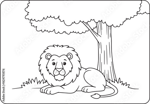 Lion taking rest under tree artwork for kids with outlines in ve