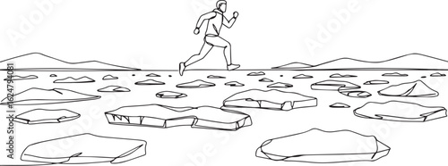 Line art illustration of a man running across floating platforms