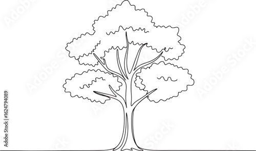 Elegant single continuous line drawing of majestic oak tree, nat