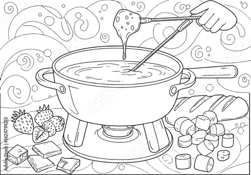 Whimsical chocolate fondue illustration with fresh strawberries