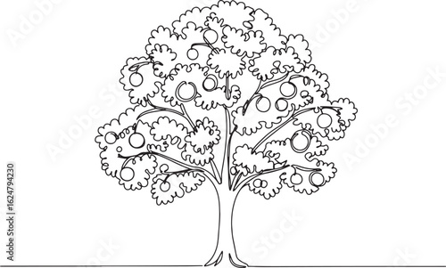 A line drawing of an apple tree with apples in its foliage desig