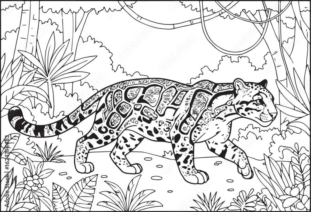 Fototapeta premium Clouded Leopard Coloring Page in Jungle Habitat with Leaves and