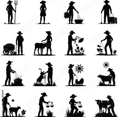 Farmer Silhouettes  16 Black Figures Depicting Daily Agricultural Tasks from Milking and Planting to Feeding Animals and Harvesting
