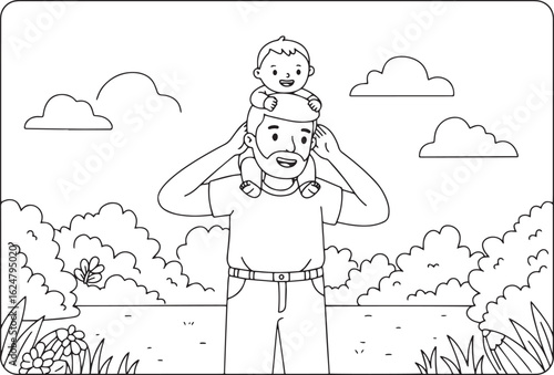 Cheerful father carrying his adorable baby on his shoulders in a