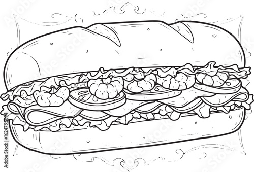 Detailed line art illustration of a po' boy sandwich with shrimp