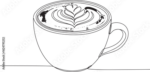 Minimalist single line drawing of cappuccino with latte art on w