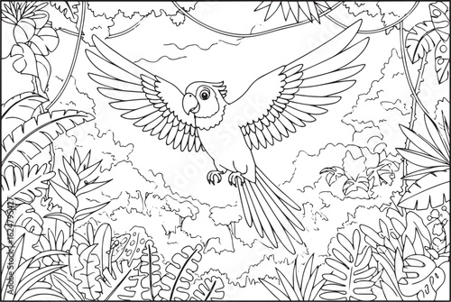 Parrot in flight through dense tropical jungle line art coloring