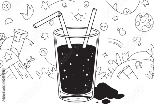 Whimsical activated charcoal beverage illustration on a playful