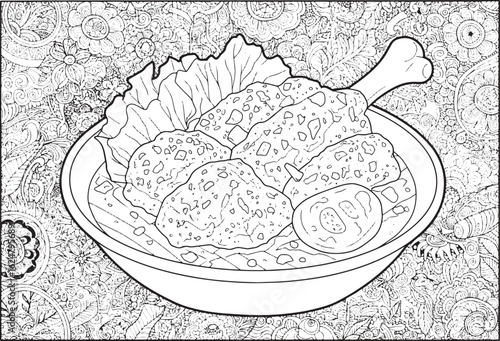 Detailed Rendang dish illustration on intricate doodle floral ba