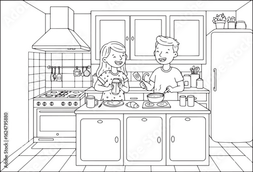 Cheerful couple cooks breakfast together in a modern kitchen out