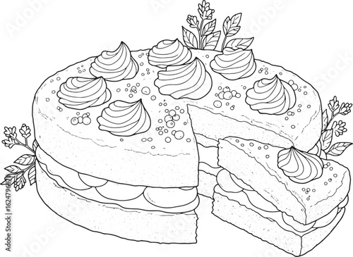 Hand-Drawn Vector Illustration of Victoria Sponge Cake for Color