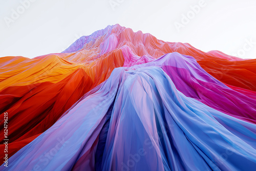 Surreal 3D mountain made of flowing colored fabric folds, concept landscape