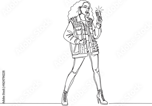 Stylish woman rocking with microphone in outline drawing illustr