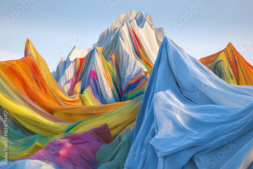 Surreal 3D mountain made of flowing colored fabric folds, concept landscape