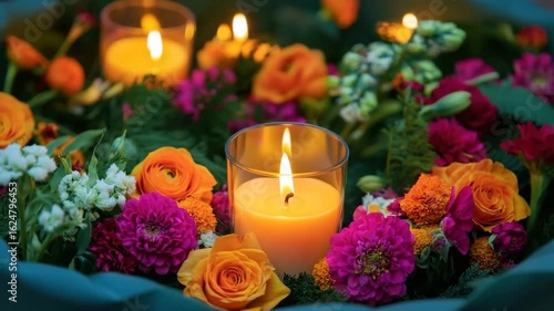 Colorful flower arrangement with burning candle, orange rose, pink zinnia, and green foliage creating warm peaceful atmosphere glowing candle surrounded by vibrant orange roses, pink zinnias
