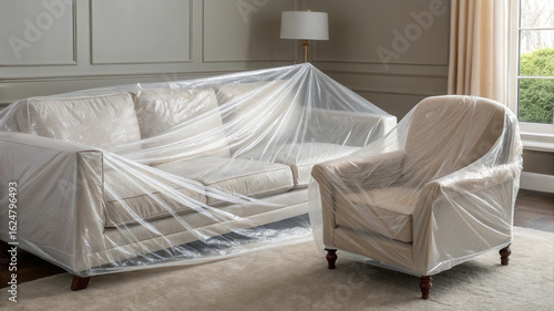 Living room with a sofa and armchair covered in plastic wraps  