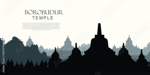 Borobudur silhouette vector illustration with stupa details, strong traditional feel, ideal for social media graphic elements, cultural tourism posters, book covers, and heritage promotion banner 