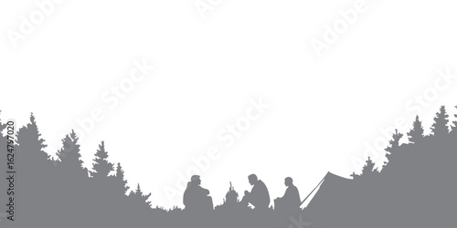Silhouette of a person camping in the forest with trees and a white background. Suitable for adventure, hiking and camping backgrounds such as flyers, posters, social media and banners.